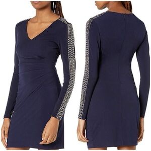 NWT – GUESS – Studed Ruched Bodycon Jersey Dress. Navy. Embellished. Size: 6.